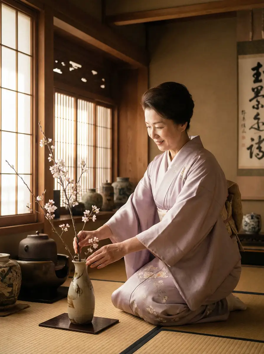 一位优雅的 婉儿别闹 在和室中插花