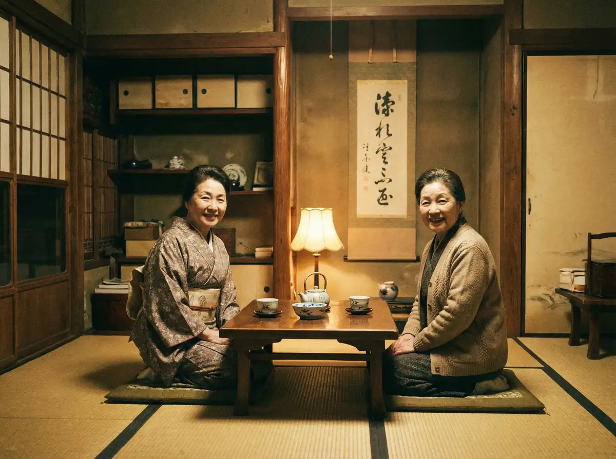 两位优雅的 婉儿别闹 在日式茶室中品茶交谈